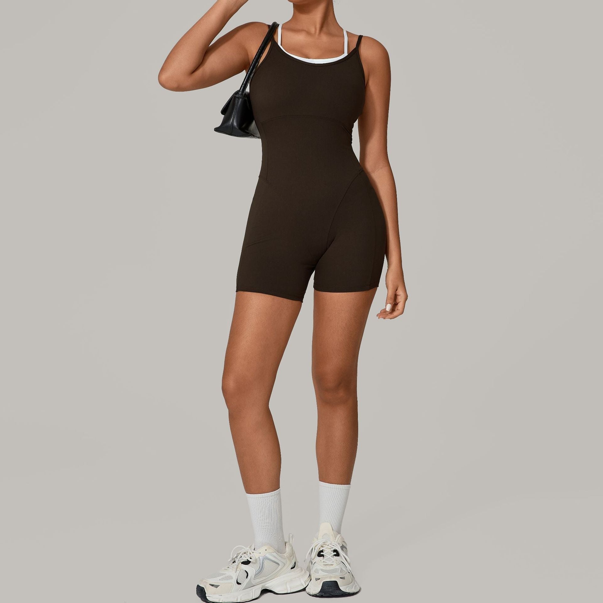 Autumn Sand Two-Piece Contrast Color Sling Sports Yoga Jumpsuit
