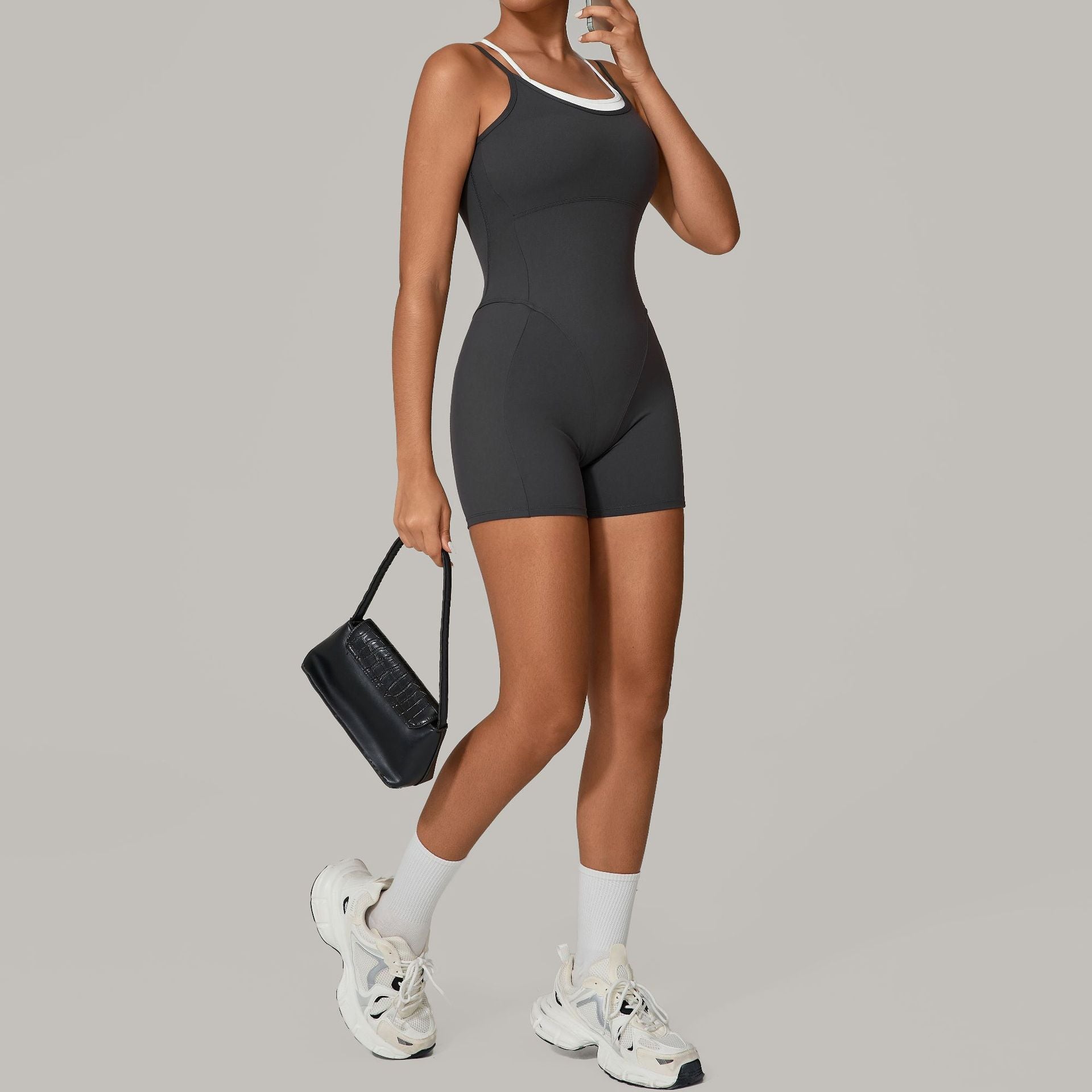 Autumn Sand Two-Piece Contrast Color Sling Sports Yoga Jumpsuit