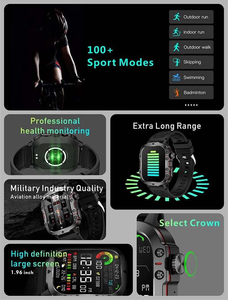 2024 Military Smart Watch Men Outdoor Fitness Health Tracker