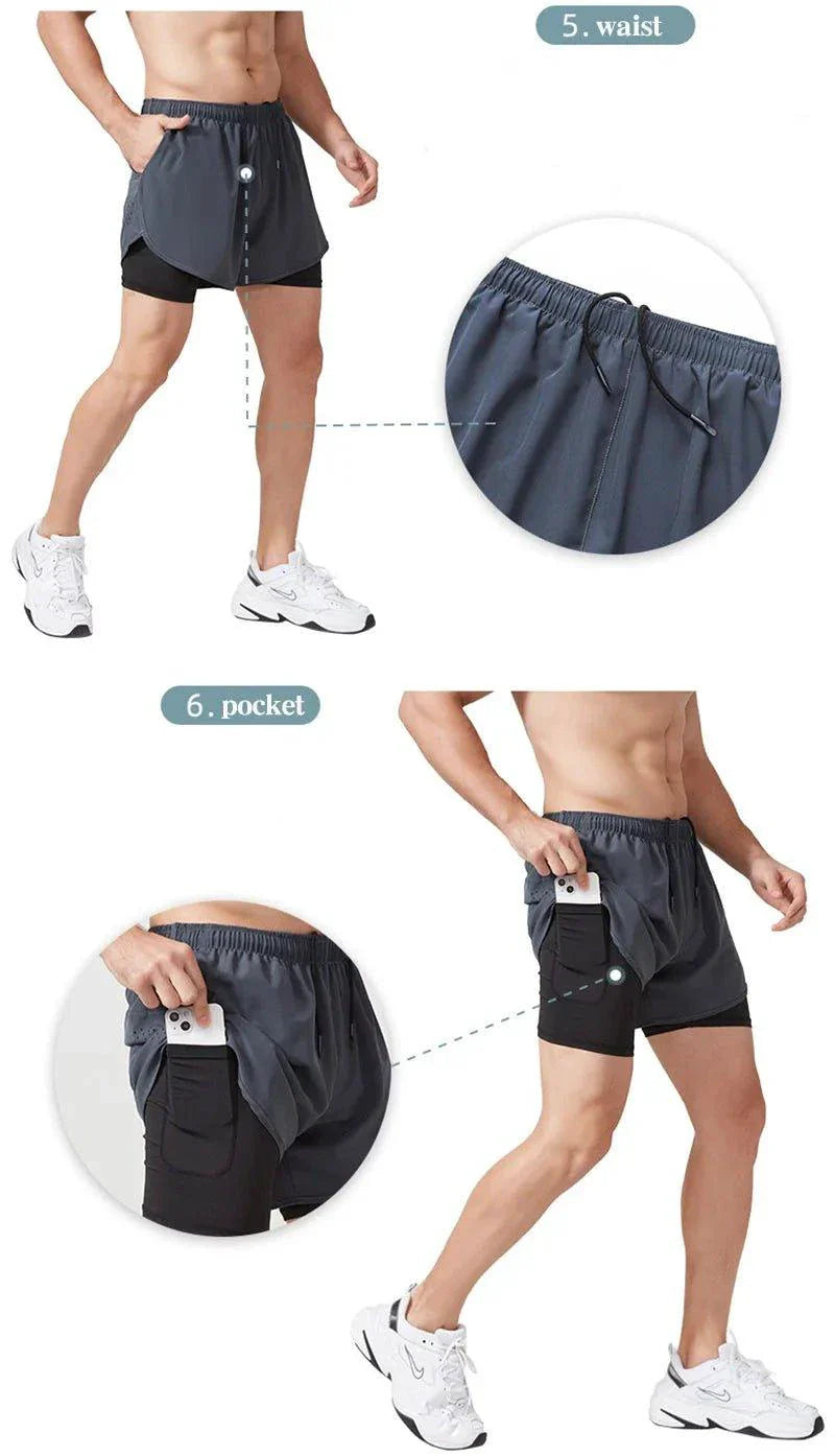 Men’s Quick-Drying Black Running Shorts Double Layer Workout Training